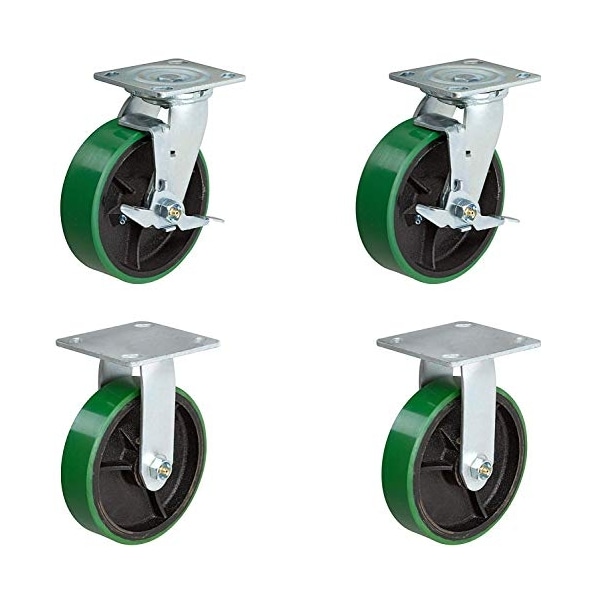 6"x2" Hvy Dty Casters, 2 Swivel W/ Brake and 2 Fixed, Green, PK4
